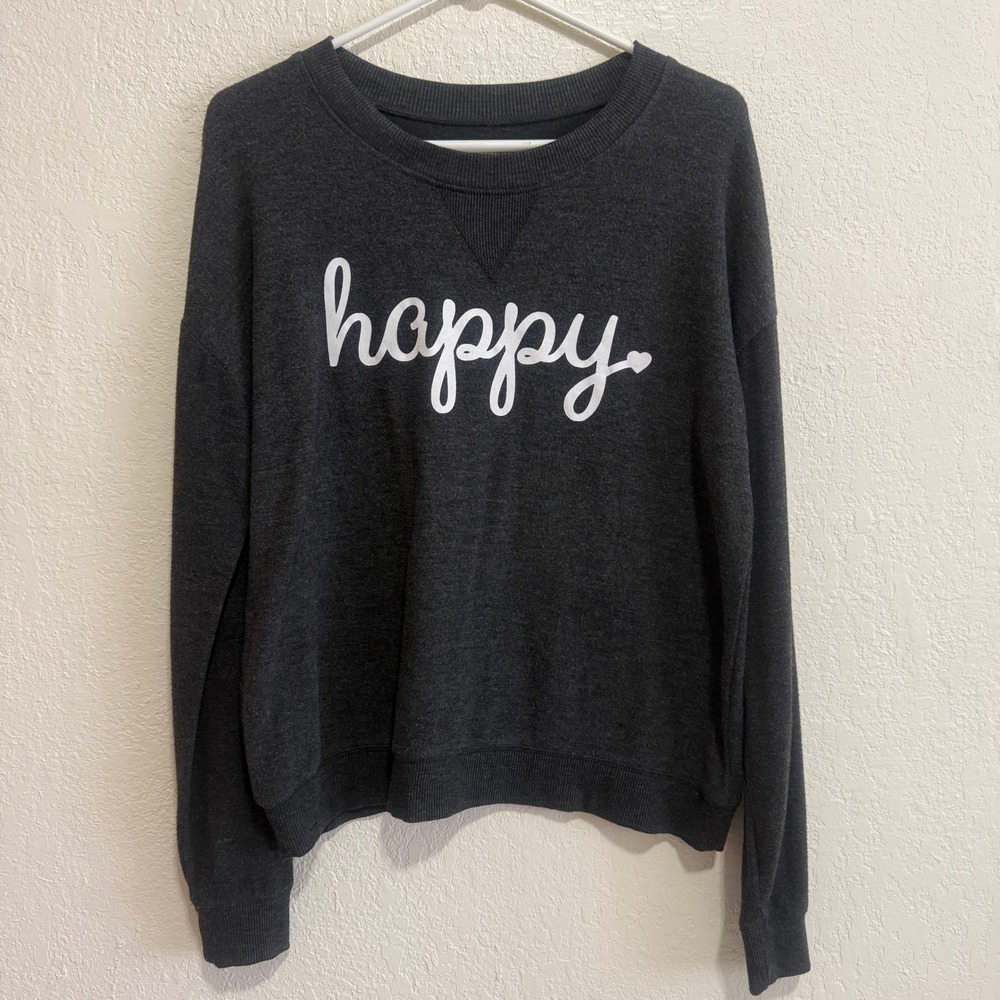 Cali 1850 Happy Graphic Sweatshirt Charcoal Gray Long Sleeve‎ Pullover Womens M